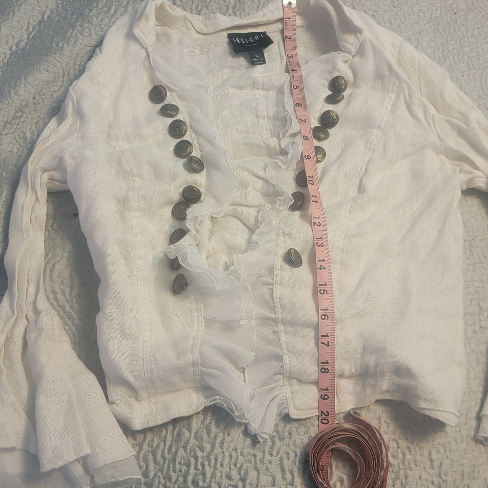 Insight White Ruffle Front Button-Accent Women's Top